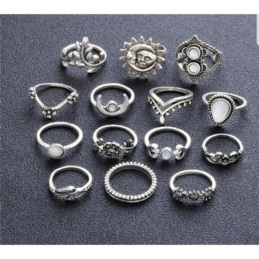 Antique silver opal, flower, sun & moon themed 14 piece boho stackable ring set - Picture 4 of 5